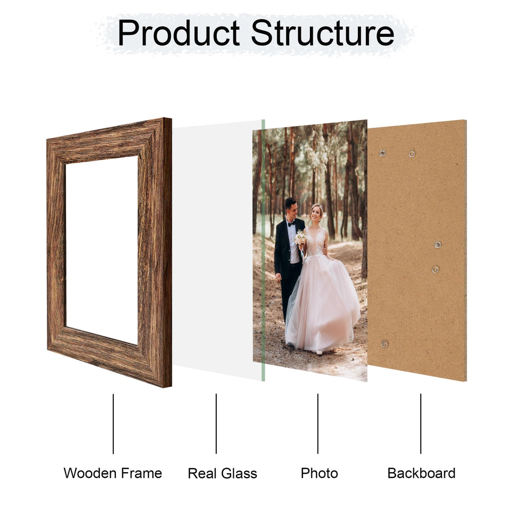 5x7 Picture Frame Set of 4, High Definition Glass Brown Frame, 5 x 7 Wood Rustic Photo Frames for Horizontal or