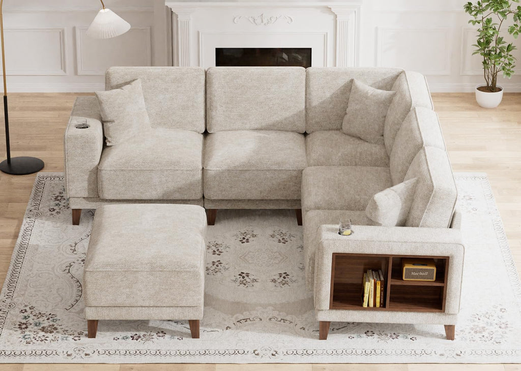 Oversized Modular Sectional Sofa, 6-Seat Deep Seat Sofa with Ottoman, USB Ports, Hidden Cup Holders, Side Storage