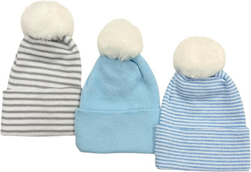 Baby Boy & Girl 3 Piece Knit Hat Set with Pom Pom