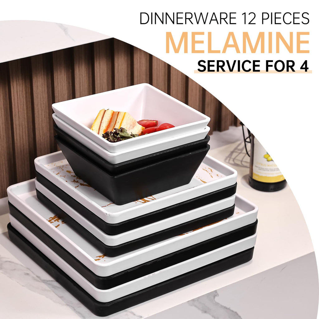 Square Melamine Dinnerware Sets of 12pcs - Black and White