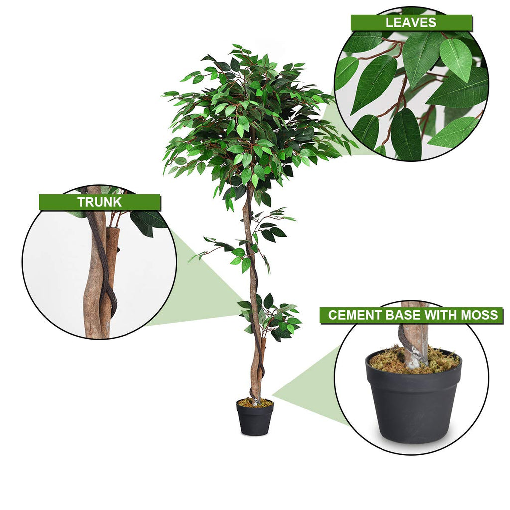 5.5ft Artificial Ficus Tree Set of 2, Fake Greenery Plants in Pots for Indoor and Outdoor, Beautiful Faux Tree with