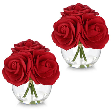 2Pcs Red Roses Artificial Flowers in Vase Small Silk Fake Rose Bouquet Flowers Floral Arrangements with Glass Vase