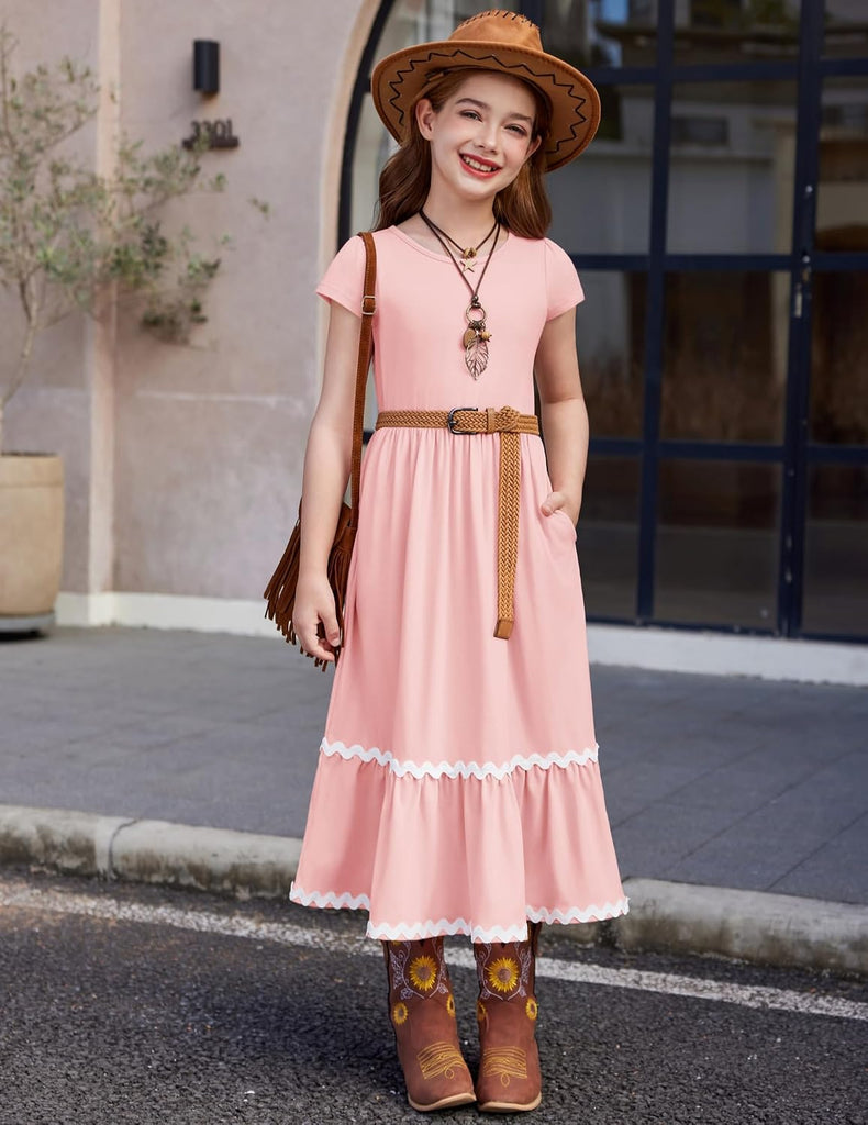 Girls Summer Maxi Dresses Short Sleeve Casual Flowy Tiered Dress