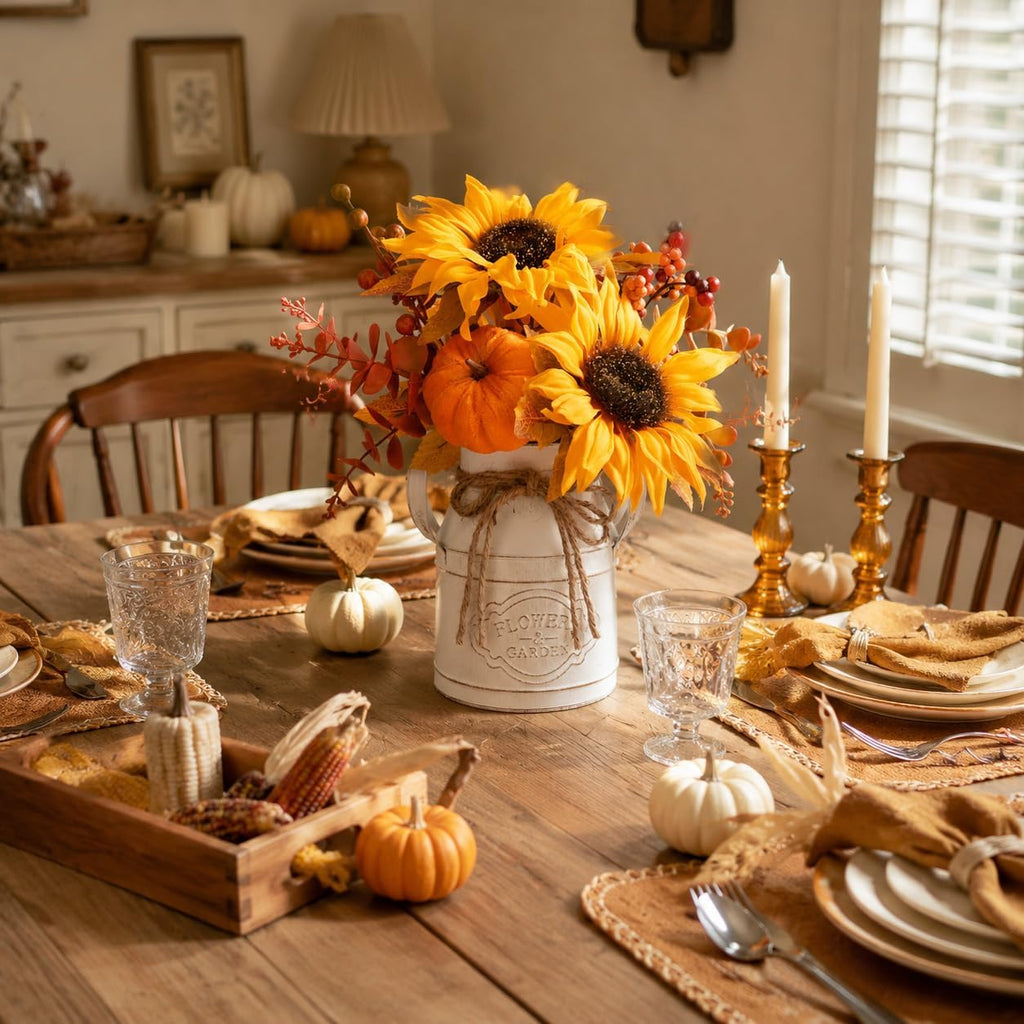 Fall Thanksgiving Centerpieces for Dinner Tables, Faux Floral Metal Potted Plants with Maple Leaf Pumpkin Berry Stems - Set of 2