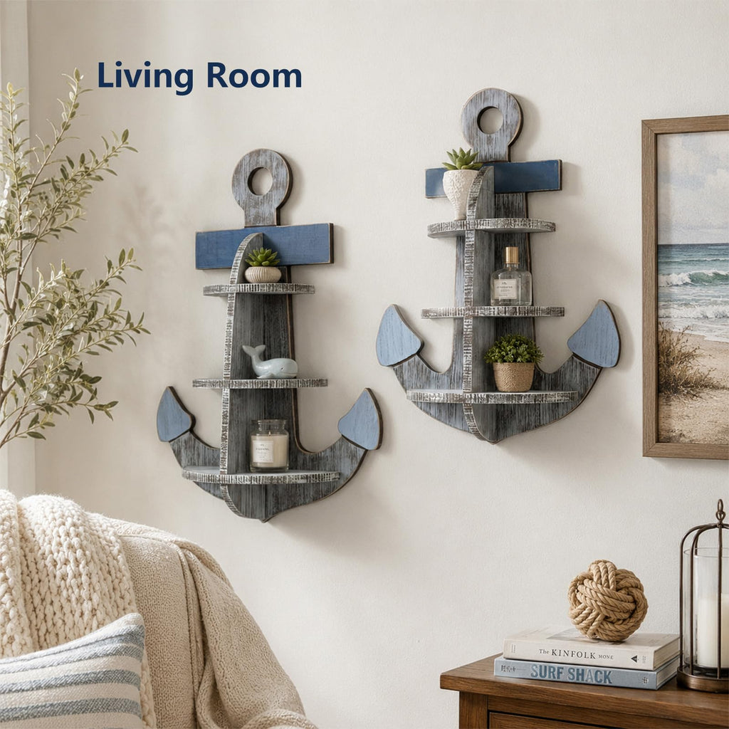 23.6" Nautical Wooden Anchor Wall Shelf, Rustic Blue Wood Anchor Beach Decor Shelf, Coastal Wall Art Decor -Ocean