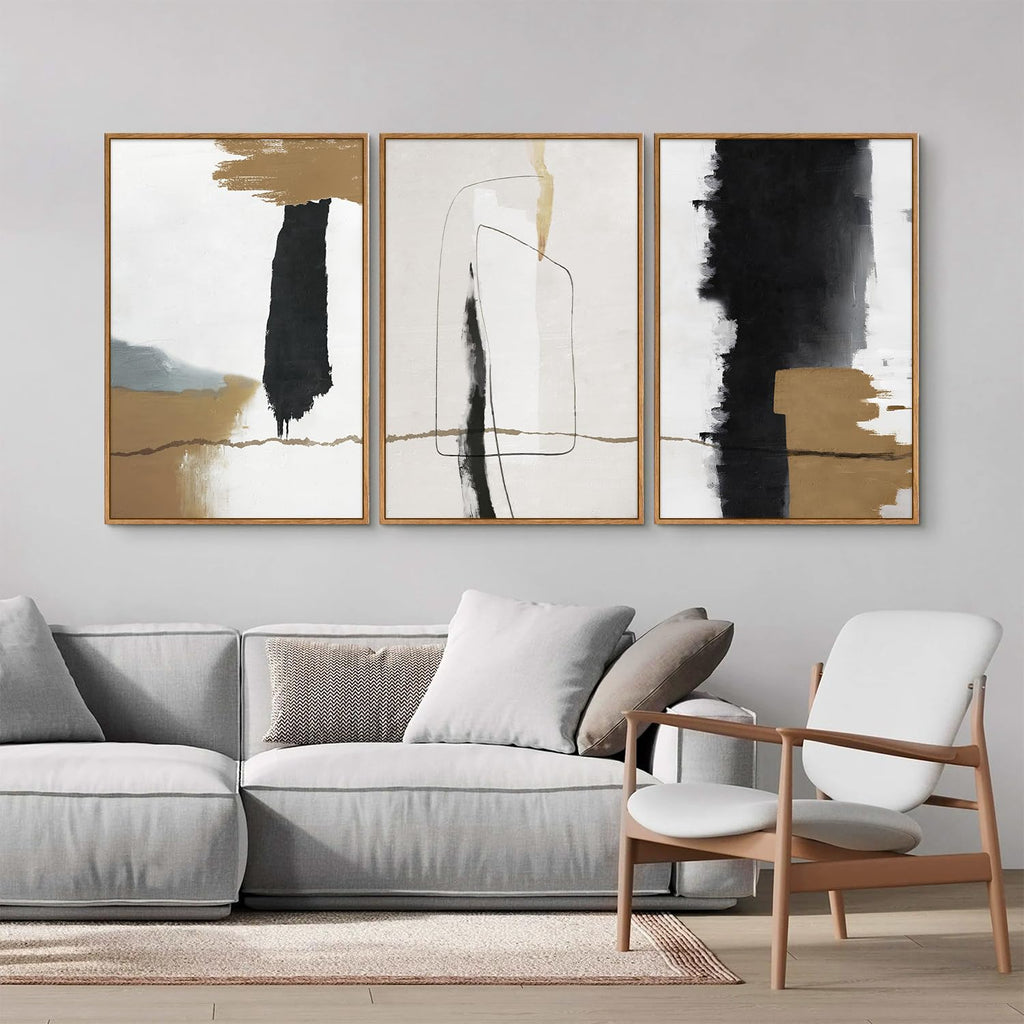Black and White Abstract Framed Canvas Wall Art Set of 3, Beige Neutral Art Prints, Minimalist Modern Wall Decor
