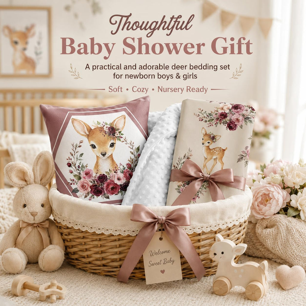 Baby Crib Bedding Set 3 Pcs - Patchwork Deer Crib Bedding Set for Girls - Floral Plaid Nursery Bed Sets Include Soft