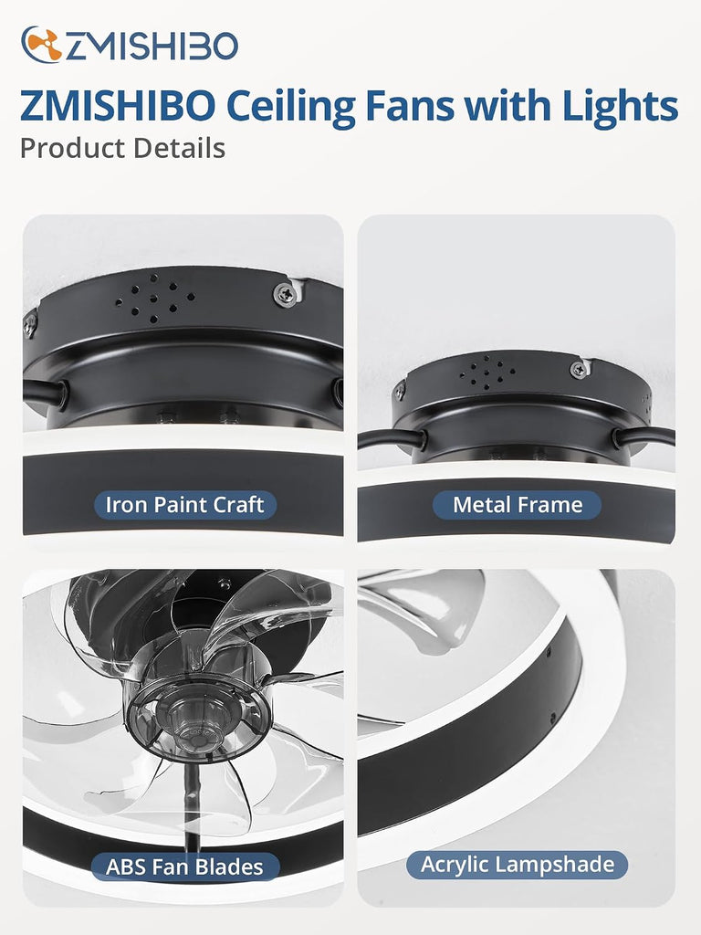 Low Profile Ceiling Fans with Lights and Remote, 13 Inch Fandelier Ceiling Fan with Light, Black Modern Flush Mount Ceiling Fan, Small Dimmable LED Fan Lights for Bedroom A101-B0D2KW3N48