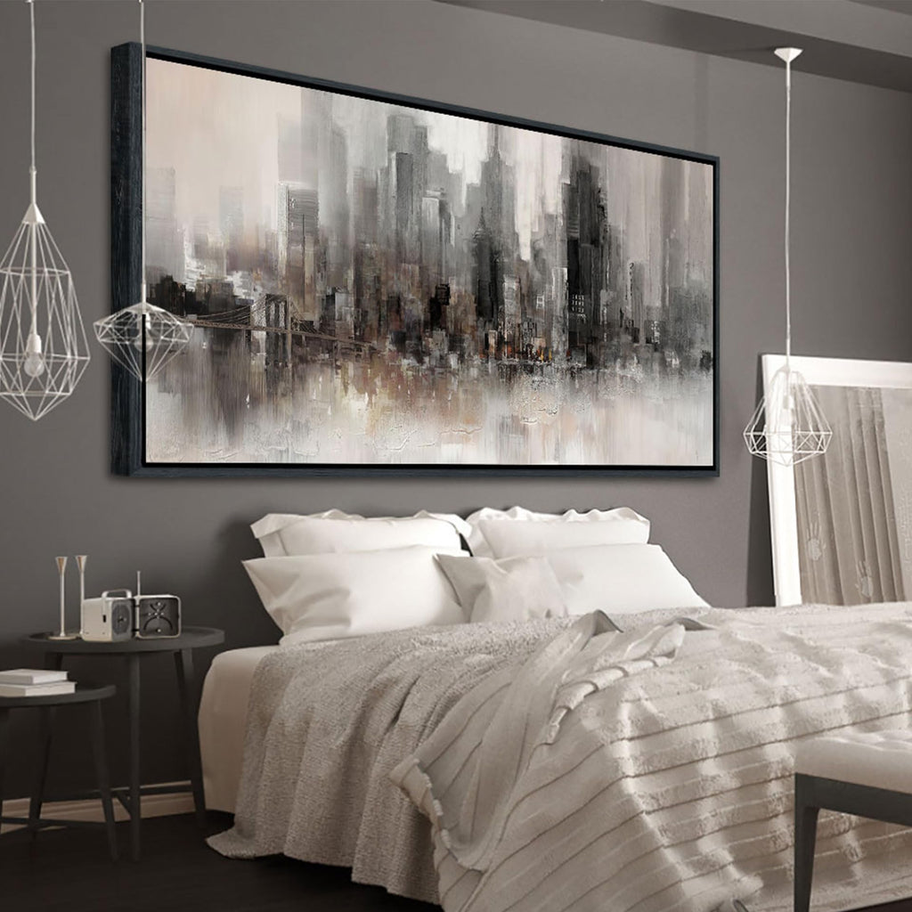 Nyc Skyline Painting Wall Grey Buildings Picture Modern Home Bedroom Decoration Black and White and Brown Framed