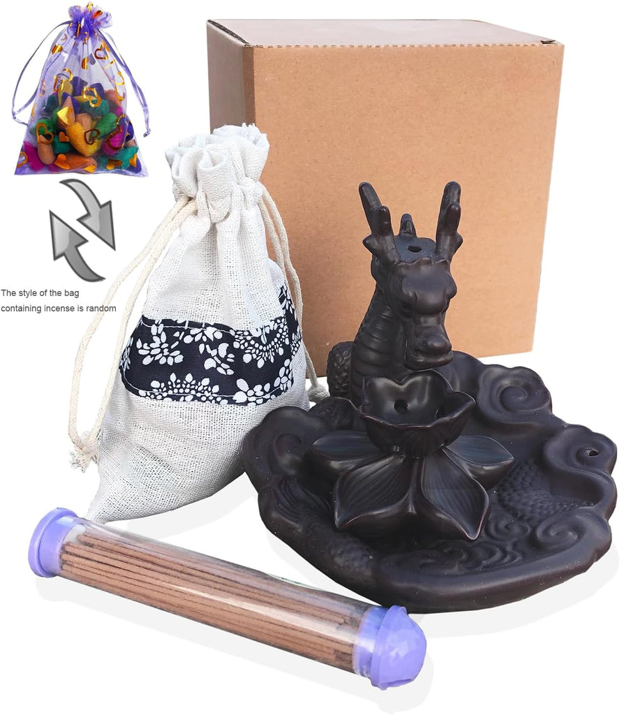 Dragon Incense Waterfall Burner Ceramic Backflow Incense Holder Set with Incense Cones and Incense Sticks, Dragon - Set of 95