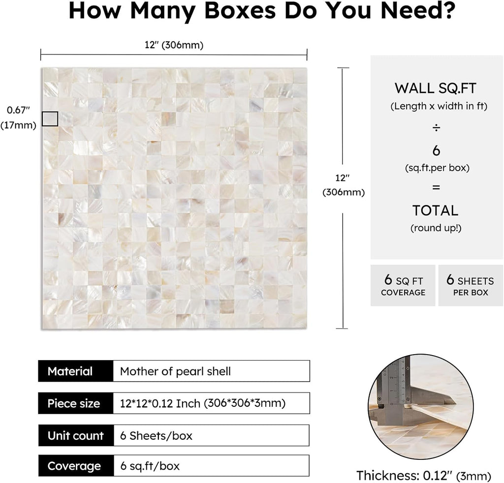 Mother of Pearl Peel and Stick Backsplash Sqaure Mosaic Tile Bathroom Wall Decor Pack of 6 Sheets