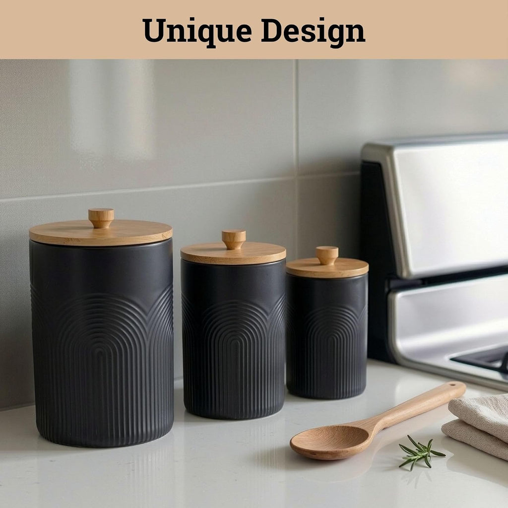 Ceramic Kitchen Canisters for Countertop w/ Airtight Bamboo Lids - Set of 3