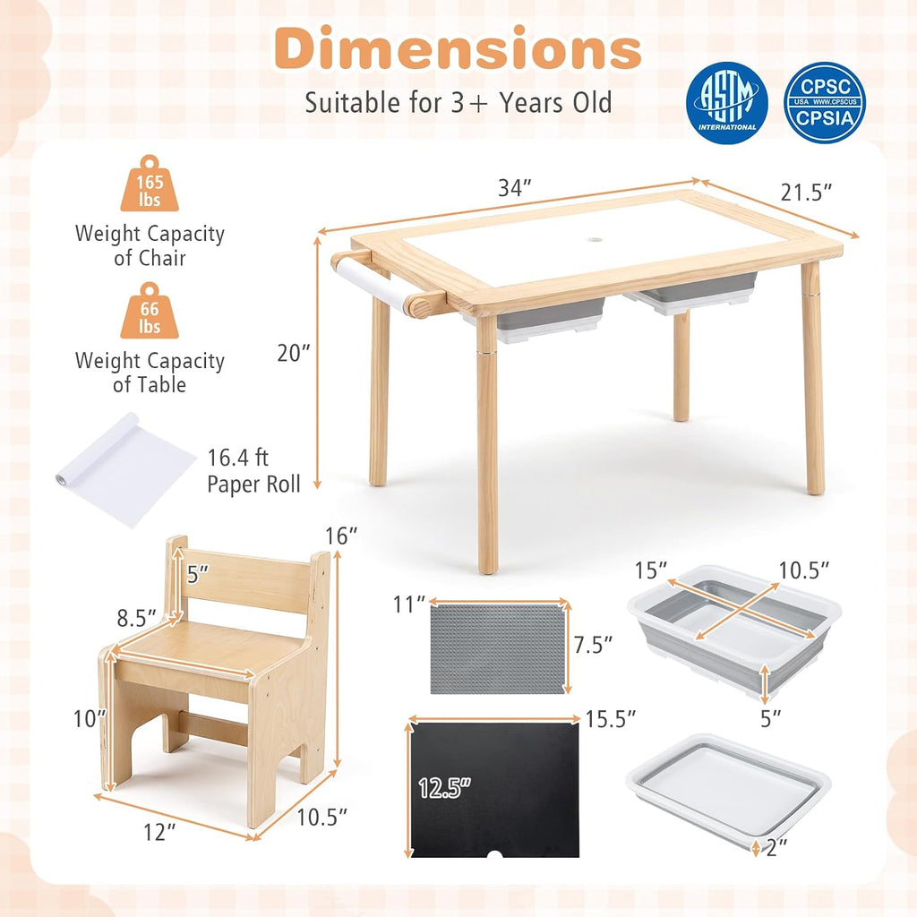 Sensory Table and Chair Set, Wooden Sand & Water Activity Set w/Adjustable Height, Dual Sided Top, 2 Bins, Paper Roll