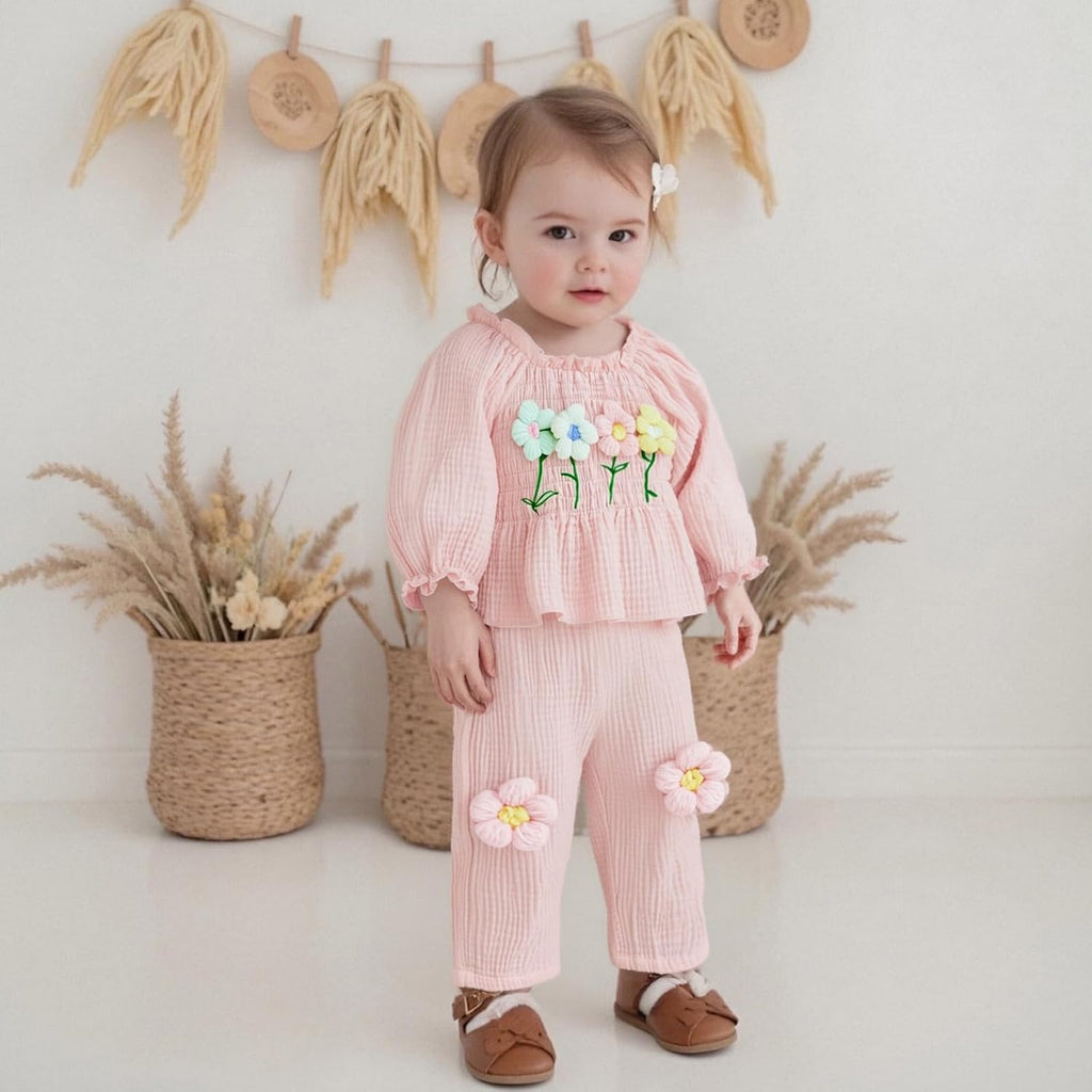 Toddler Baby Girl Outfits Infant Puff Sleeve Smocked Floral Tops Pants Cute Kids Girls Fall Winter Clothes Set