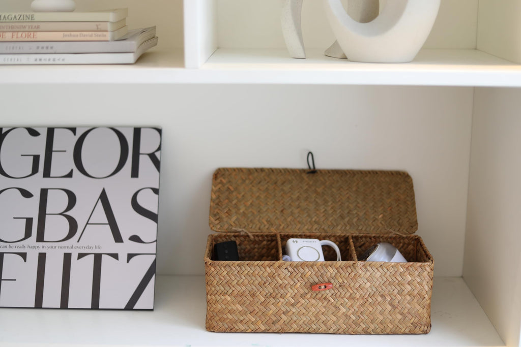 Seagrass Storage Basket with Lid for Tampon and Pad 3 Sections Rectangular