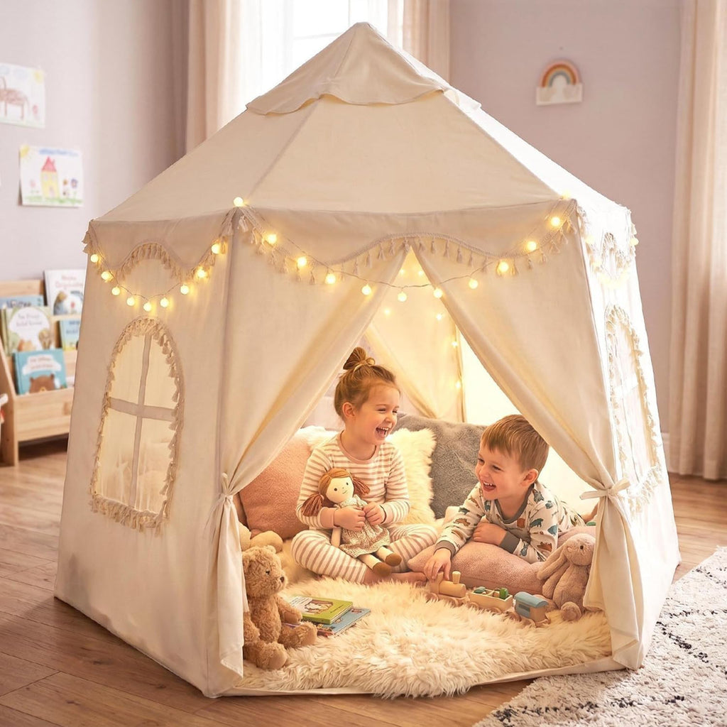Extra Large Kids Play Tent Indoor 59x51in: Castle Tent with Mat Light Flags