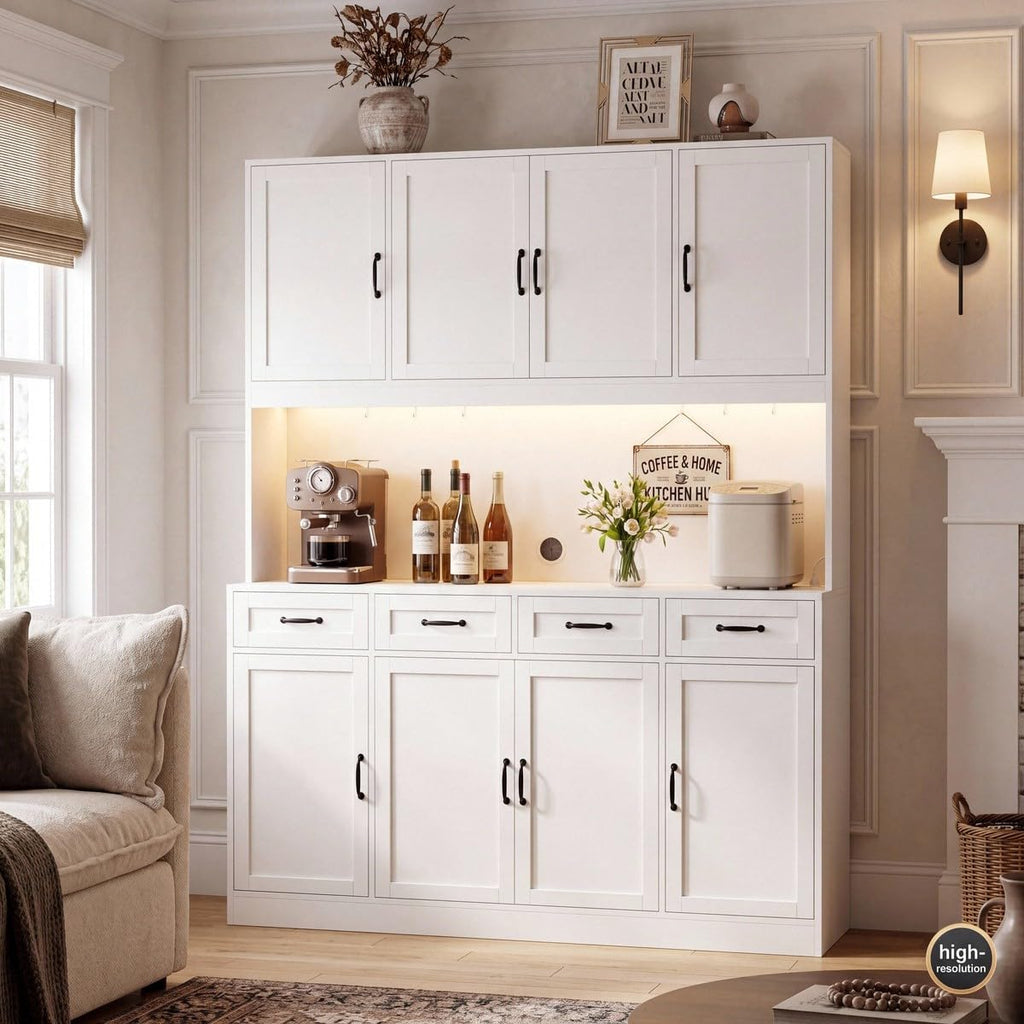59" W Kitchen Pantry Storage Cabinet, 73" Large Hutch Cabinet, White