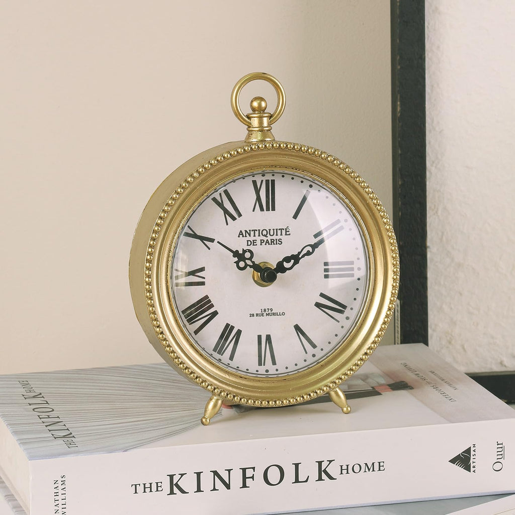 Gold Table Clock, Silent Non-Ticking Shelf Desk Top Clock Battery Operated Classic Design, Decorative Home Decor