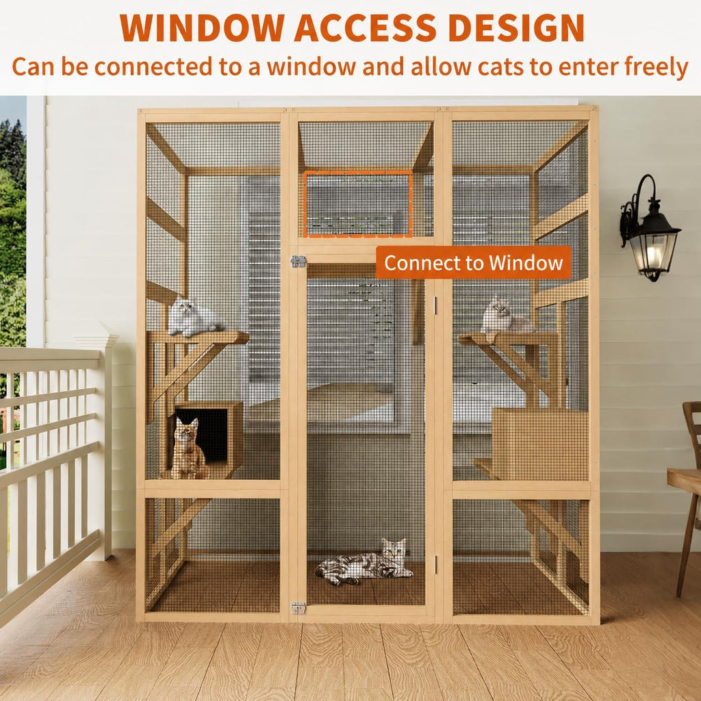 70" Large Catio Indoor Cat Enclosure, Wooden Patio Cat House, Natural