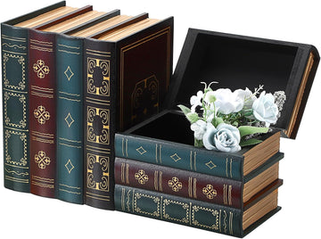 Decorative Book Boxes, Wood Vintage Book Trinket Box with Lid - Set of 2