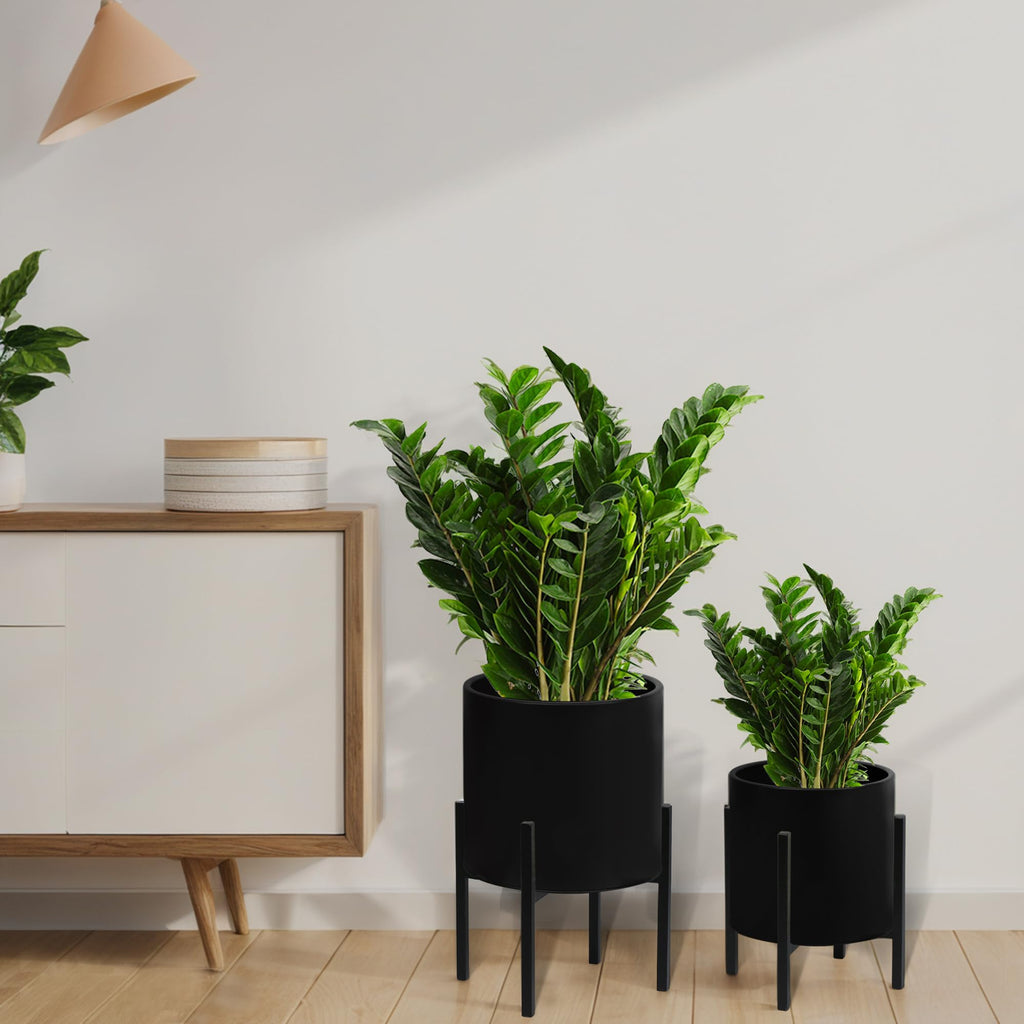 Modern Plant Pots, Set of 2 Large Planters with Stand, Decorative Planters, Metal Pots with Drainage Holes, Garden
