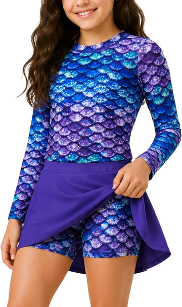 Girls Two Piece Swimsuits Long Sleeve Rash Guard and Skirt Set