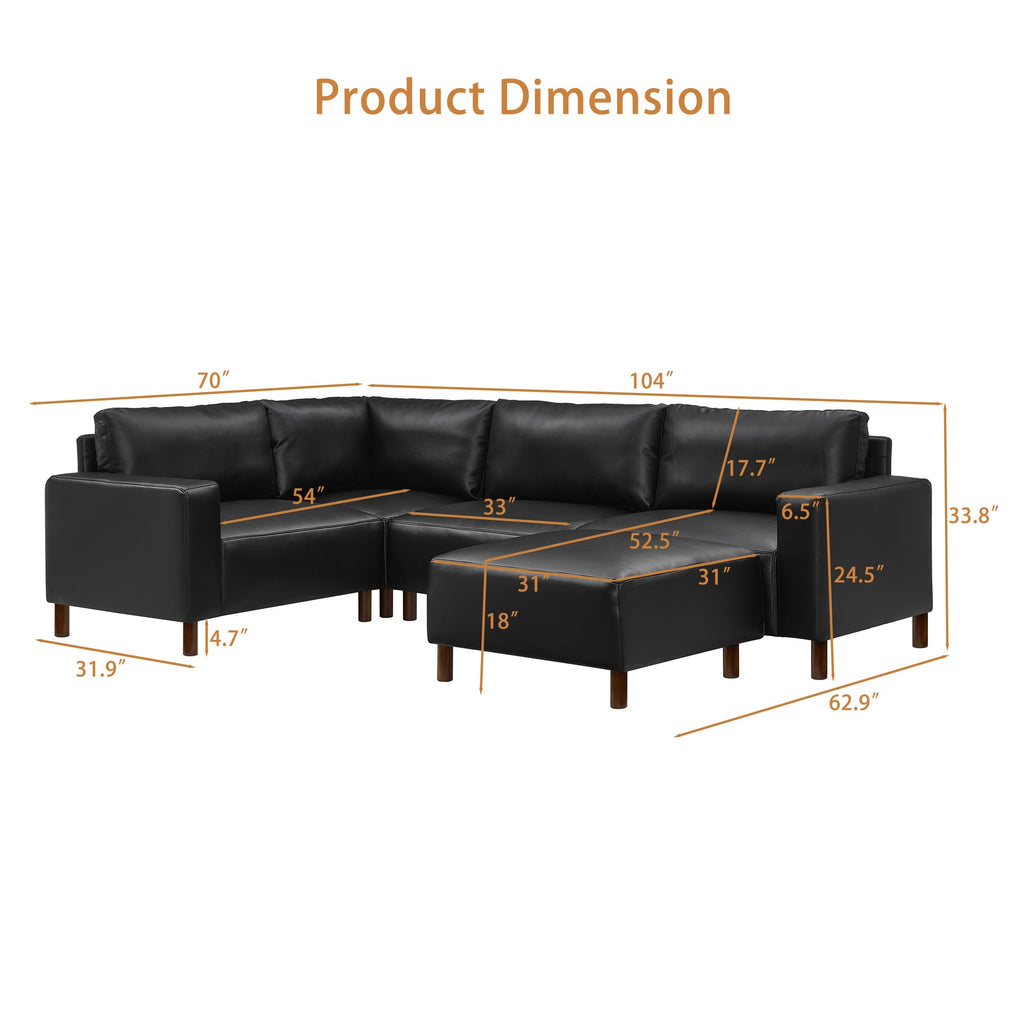 Faux Leather U-Shaped Sectional Couch with Solid Wood Legs, Mid Century Modern Modular Sofa with Ottoman, Comfort