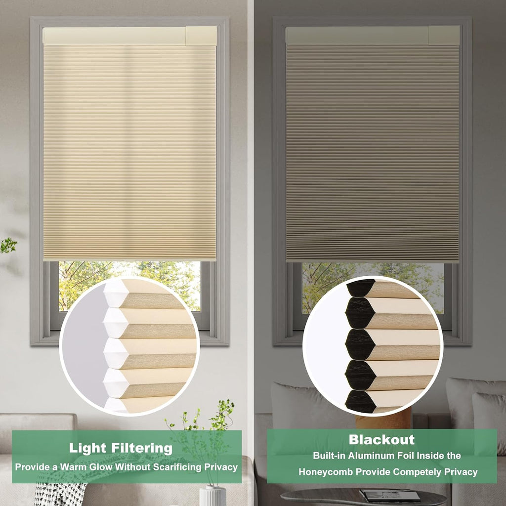 No Drill Cellular Shades for Indoor Windows, Thermal Insulating & Noise Reducing Honeycomb Blinds, Cordless Free Stop