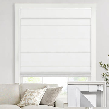 No Drill Cordless Roman Shades for Windows, 34" W × 64" H - 100% Blackout - Linen - Mist White