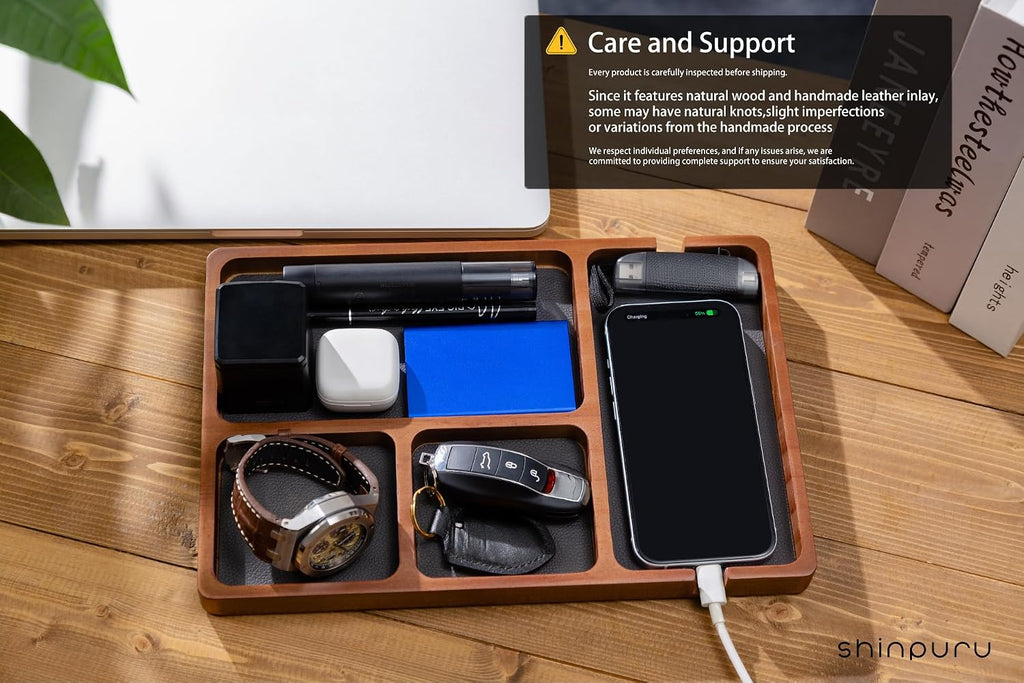 Wooden Valet Tray for Men, Nightstand Organizer with Leather Inlay, EDC Essentials Catchall Tray for Keys, Phone