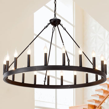 Black Wagon Wheel Chandelier 40 inch,20-Light Farmhouse Wagon Wheel Chandeliers Round Industrial Ceiling Light