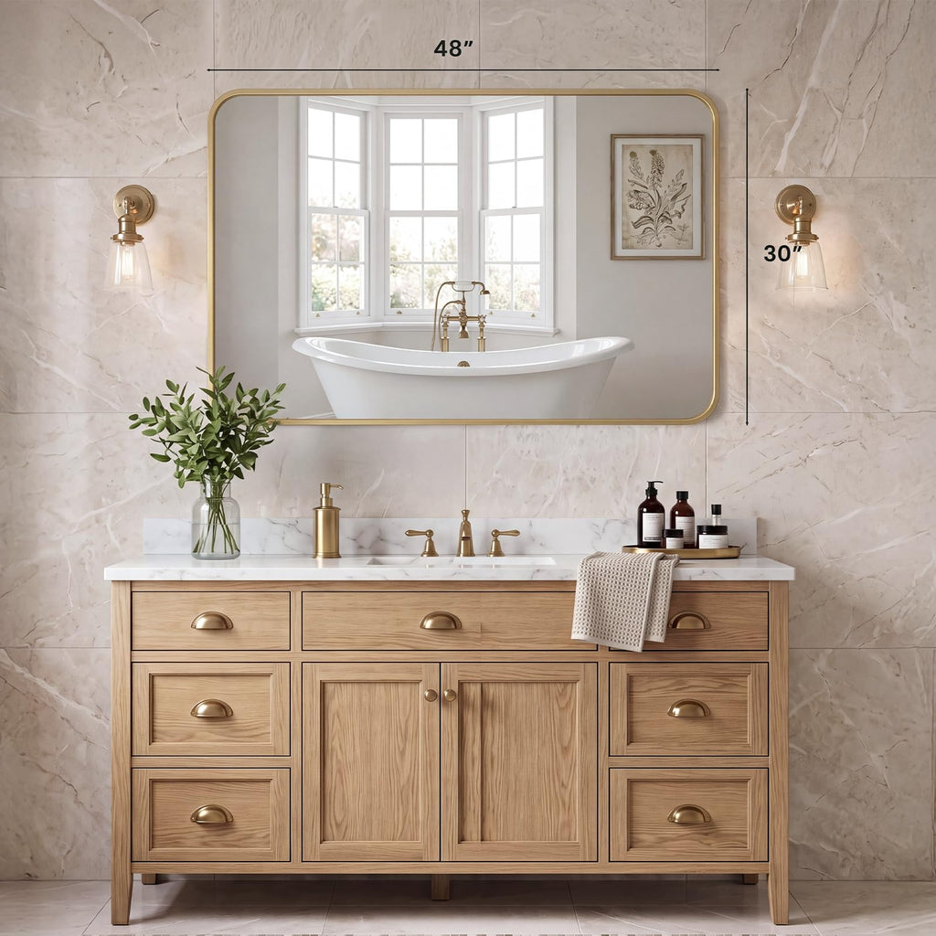 Bathroom Wall Mirror, 48x30 Inch Wall Mount Mirror for Over Sink, Modern Rounded Rectangle Vanity Mirrors with Matte