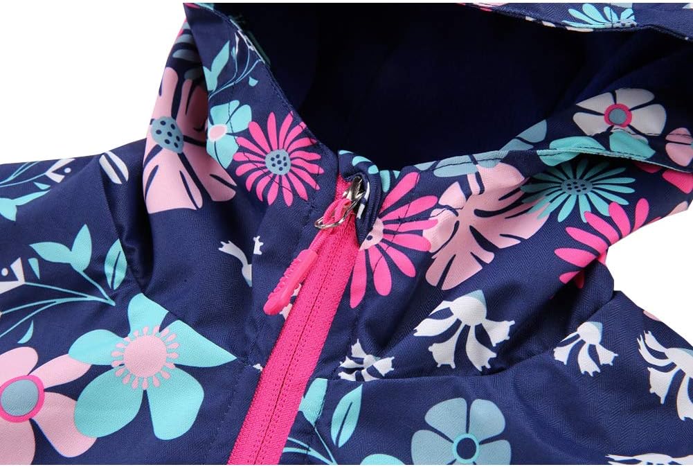 Girls Outdoor Floral Fleece Lined Light Windproof Jacket with Hood