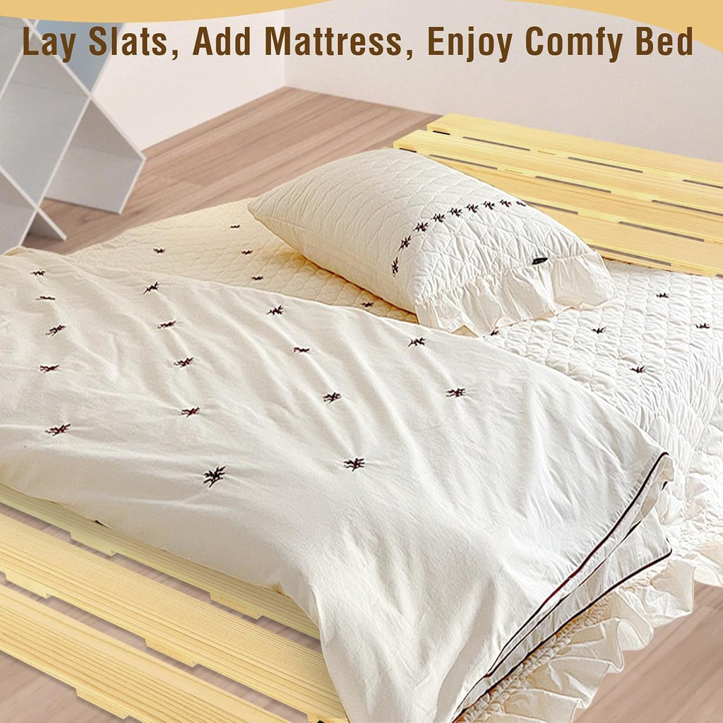 Tatami Mat Floor Bed, Knotless Solid Wood, Roll-Up Slatted, Bed Plate with 2 Storage Straps, Moisture-Proof and