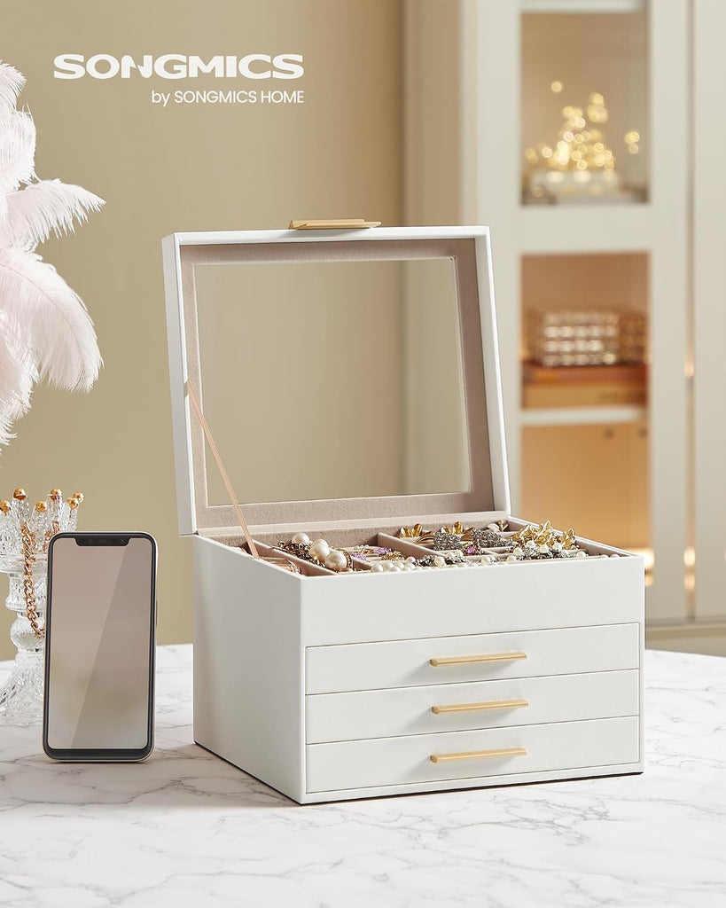 Jewelry Box Organizer, 4-Layer Storage with 3 Drawers, Glass Lid