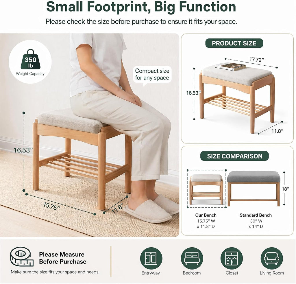 Solid Wood Shoe Bench with Light Gray Cushion for Small Entryways