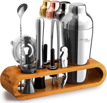 Mixology Cocktail Shaker Set - 10-Piece Cocktail Making Set - Home Bartender Kit in Bamboo Stand with Spoon, Boston