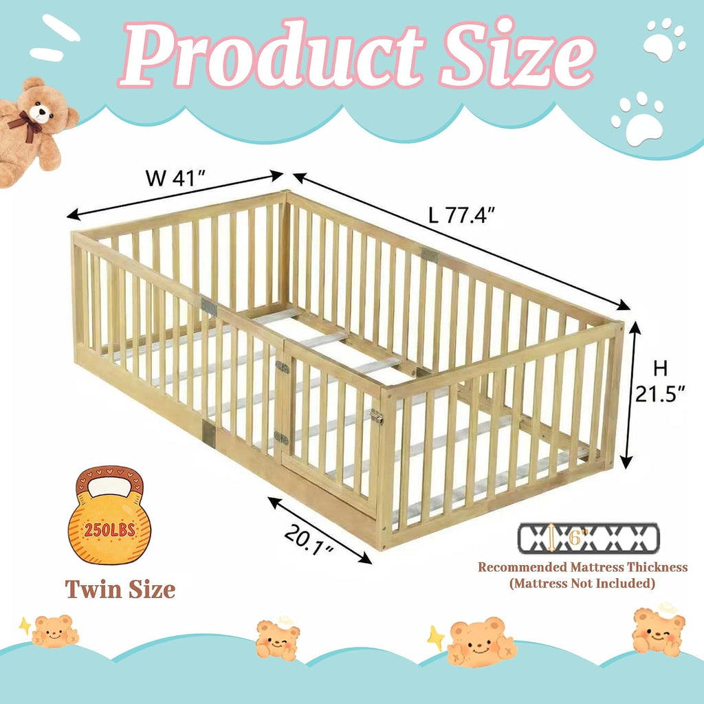 Twin Montessori Floor Bed Frame with High Rails and Door, Wood Twin Floor Bed with Slats, Low Profile Kids Bed Frame