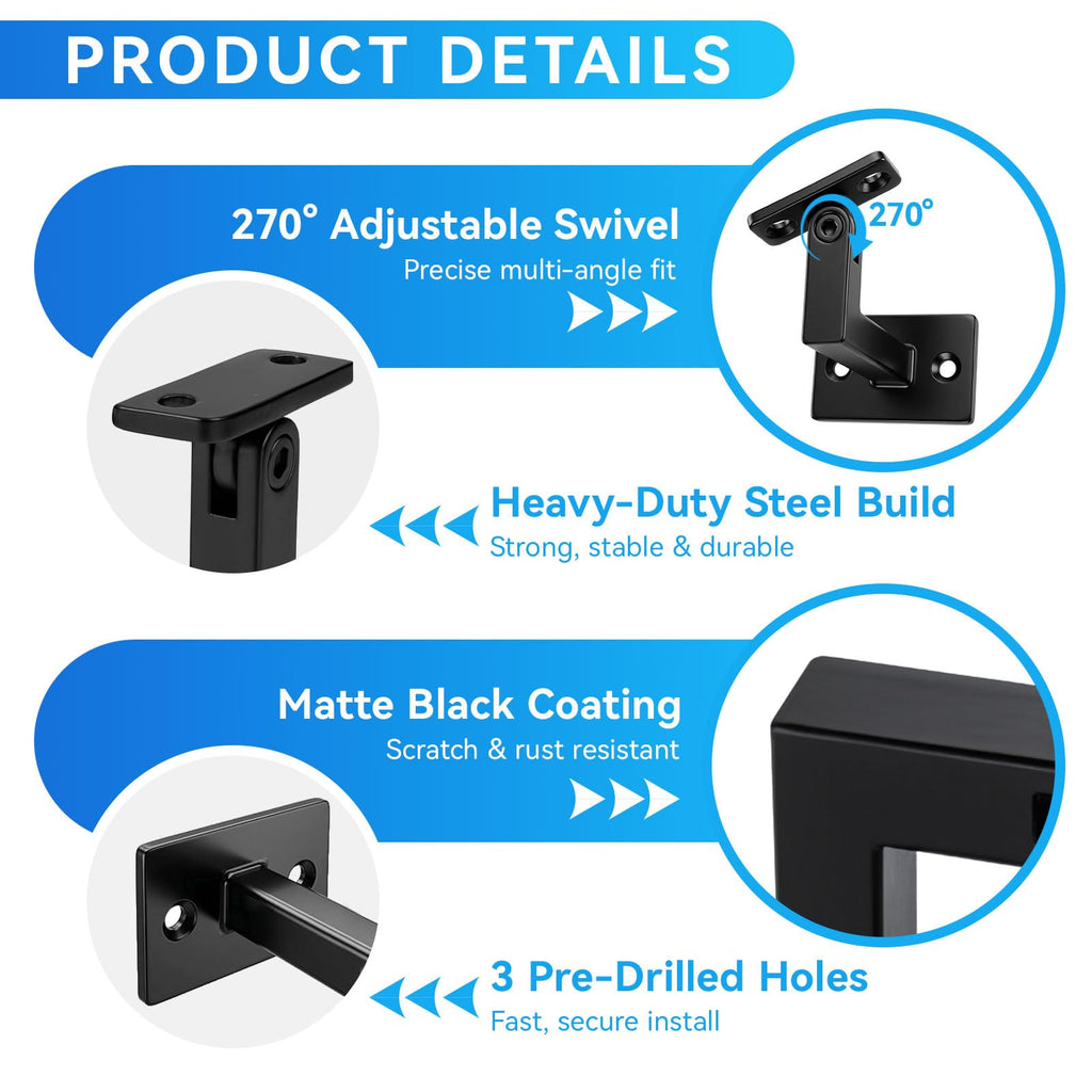 6 Pack Handrail Brackets, Adjustable Handrail Bracket for Staircase Black