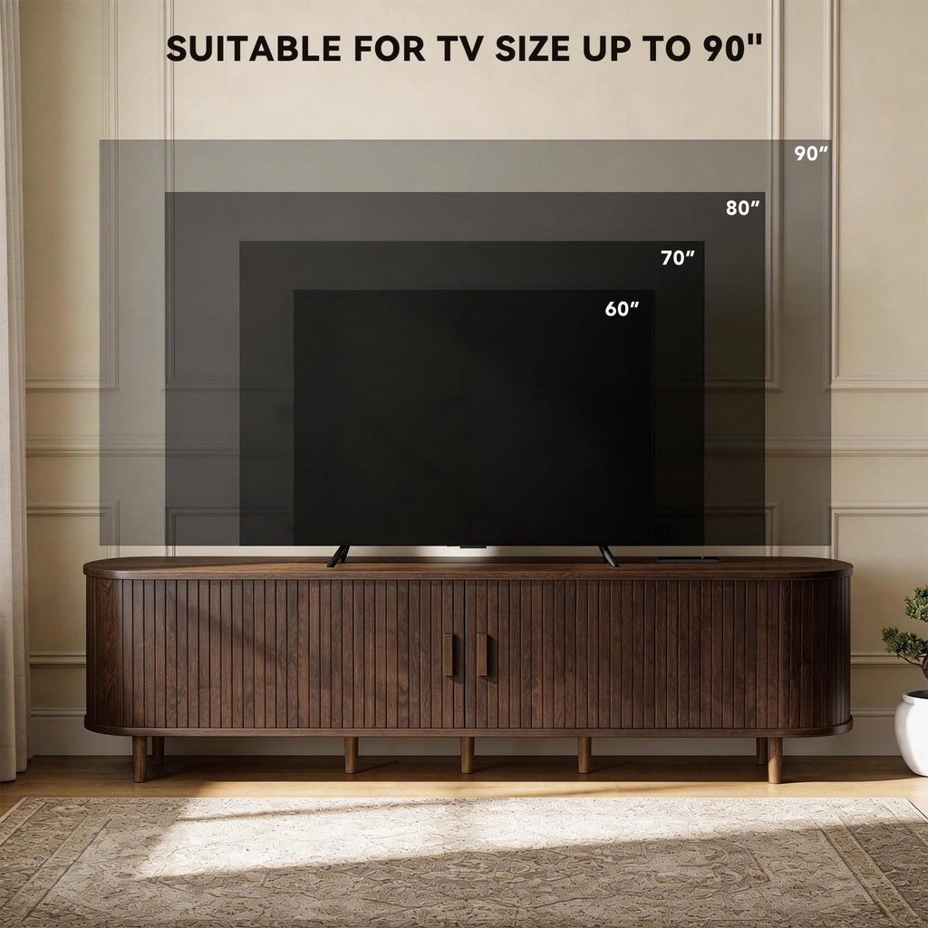 80" Mid Century Modern TV Stand with Power Outlet, Fluted Entertainment Center with Storage and Adjustable Shelves