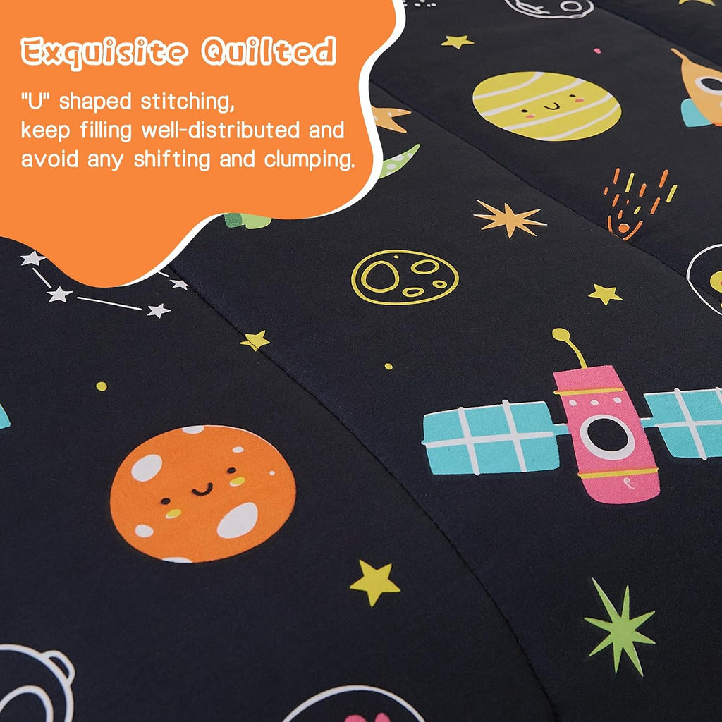 Space Dinosaur Kids Comforter Set for Boys Twin, Cute Quilted Black Printed Bedding Set with Pillow Sham, Lightweight