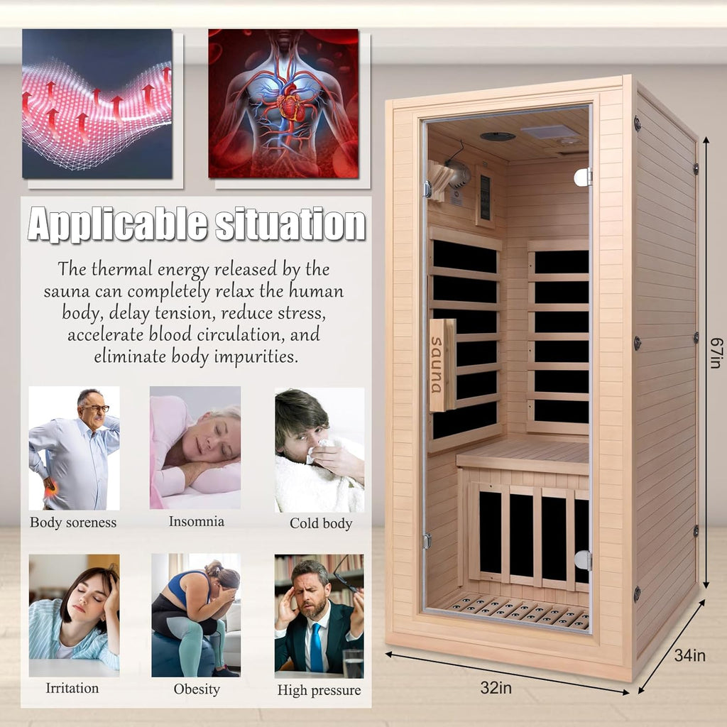 Infrared Home Sauna Room 1 Person Hemlock Wooden Indoor Dry Sauna，Low EMF 1200W/110V Heaters Panels,LCD Control