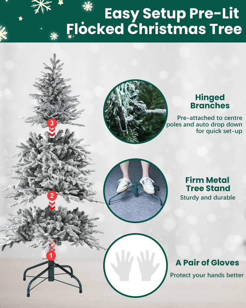 Christmas Tree Prelit Flocked,Snow Frosted PE Tips Premium Artificial Xmas Tree,Foldable Metal Base, Holiday