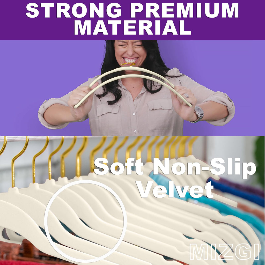 Premium Velvet Hangers Pack 50 Pcs Heavyduty - Non Slip Slimline - Velvet Suit Hangers Ivory - Gold Hooks, Space