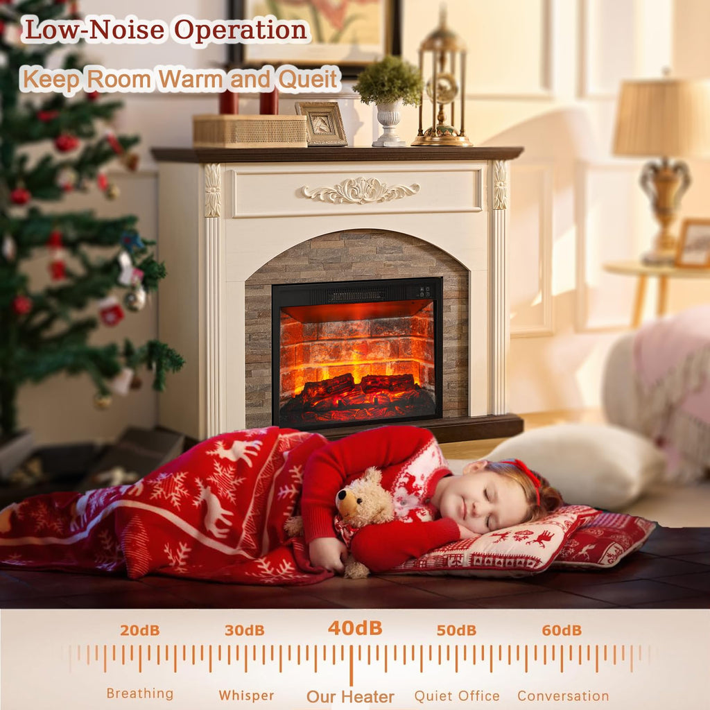 44Inch Electric Fireplace with Mantel, White Fireplace Heater with LED Flame, Corner Firebox with 23" Red Brick Firep