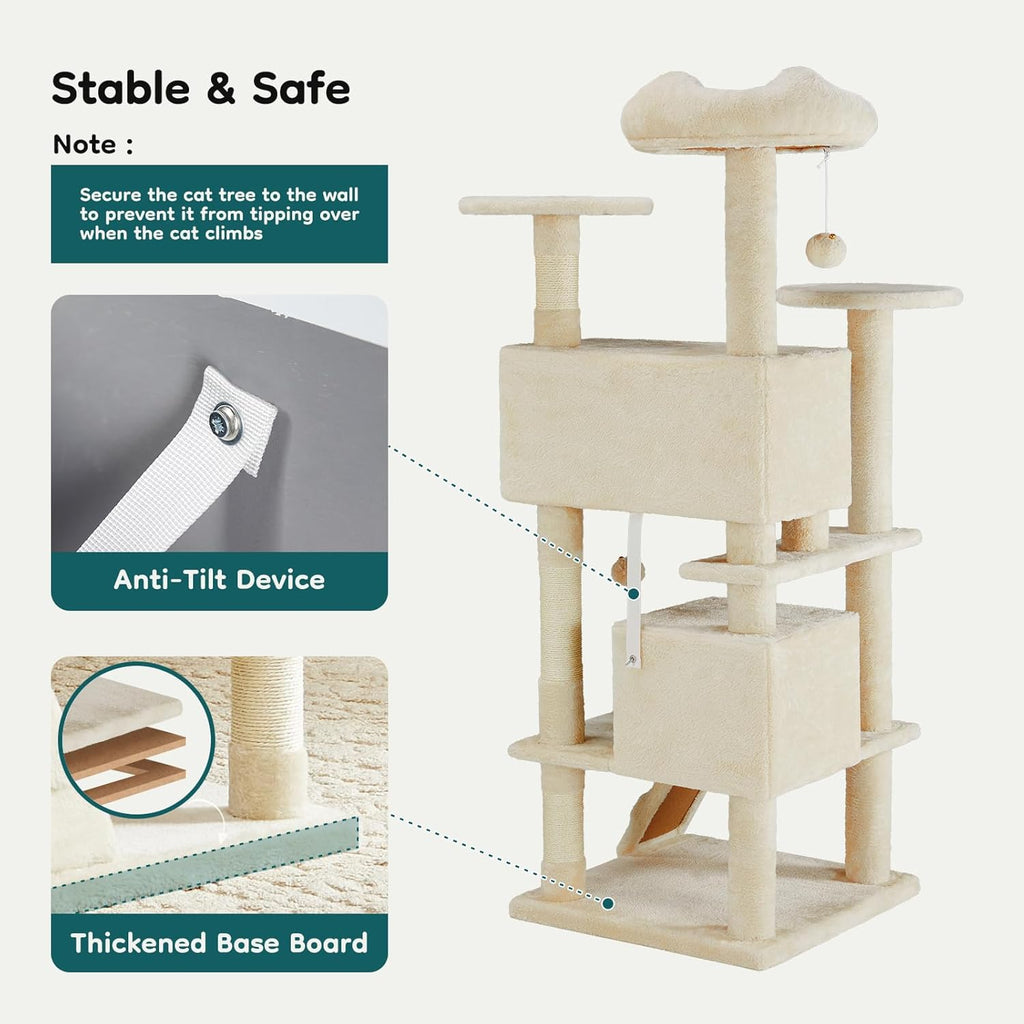 54-inch Indoor Cat Tree Tower - Multi-Level Pet House for Large Cats with 2 Condos, Scratching Posts, Round Platform
