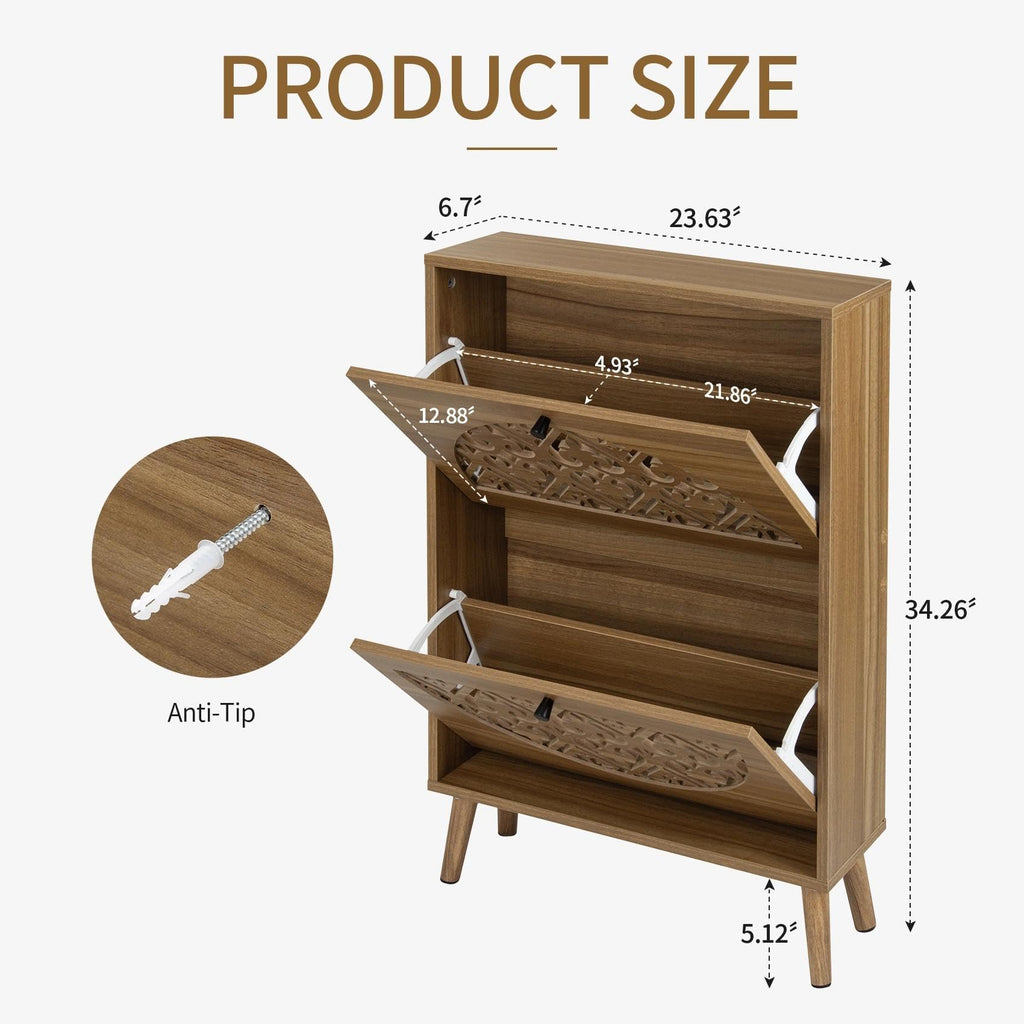 6.7" Walnut Ultra-Slim Shoe Cabinet with 2 Flip Drawers, Heart-Shaped Hollow-Carved Entryway Shoe Storage Organizer