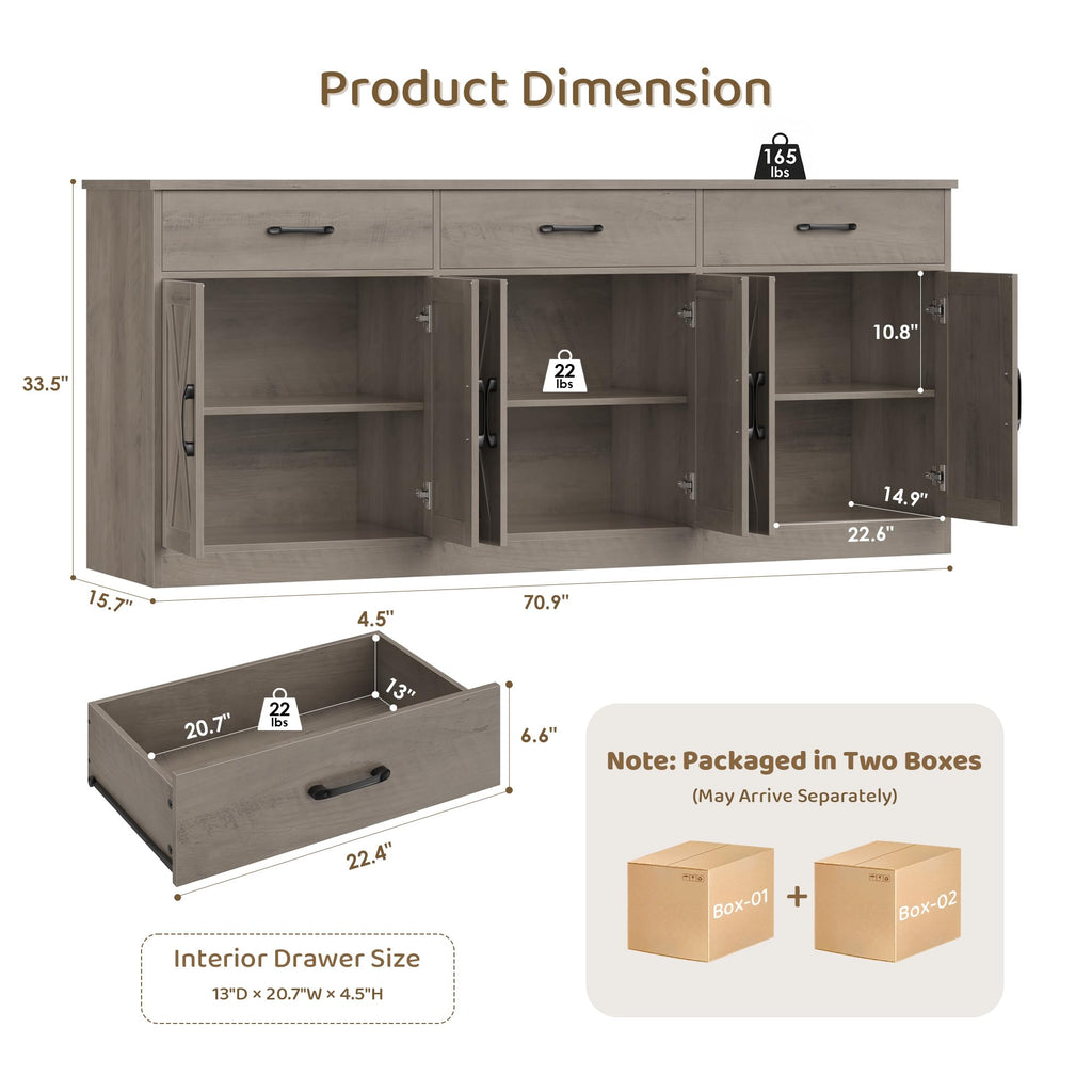 71" W Farmhouse Kitchen Sideboard Buffet Cabinet with Storage, Grey