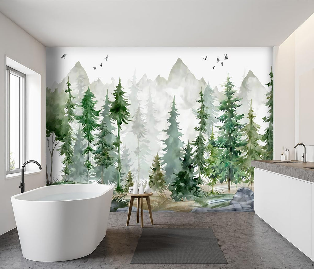 Green Cartoon Pine Forest Nursery Fabric Wallpaper for Boys and Girls Children's Bedroom Living Room Woodland Plants