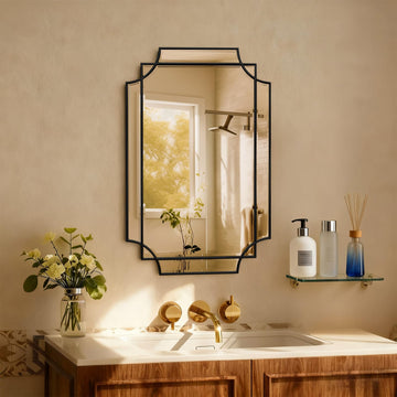 30x20 Inch Black Bathroom Mirror, Wooden Frame with Scalloped Polished Beveled Glass, Modern Art Wall Decor for